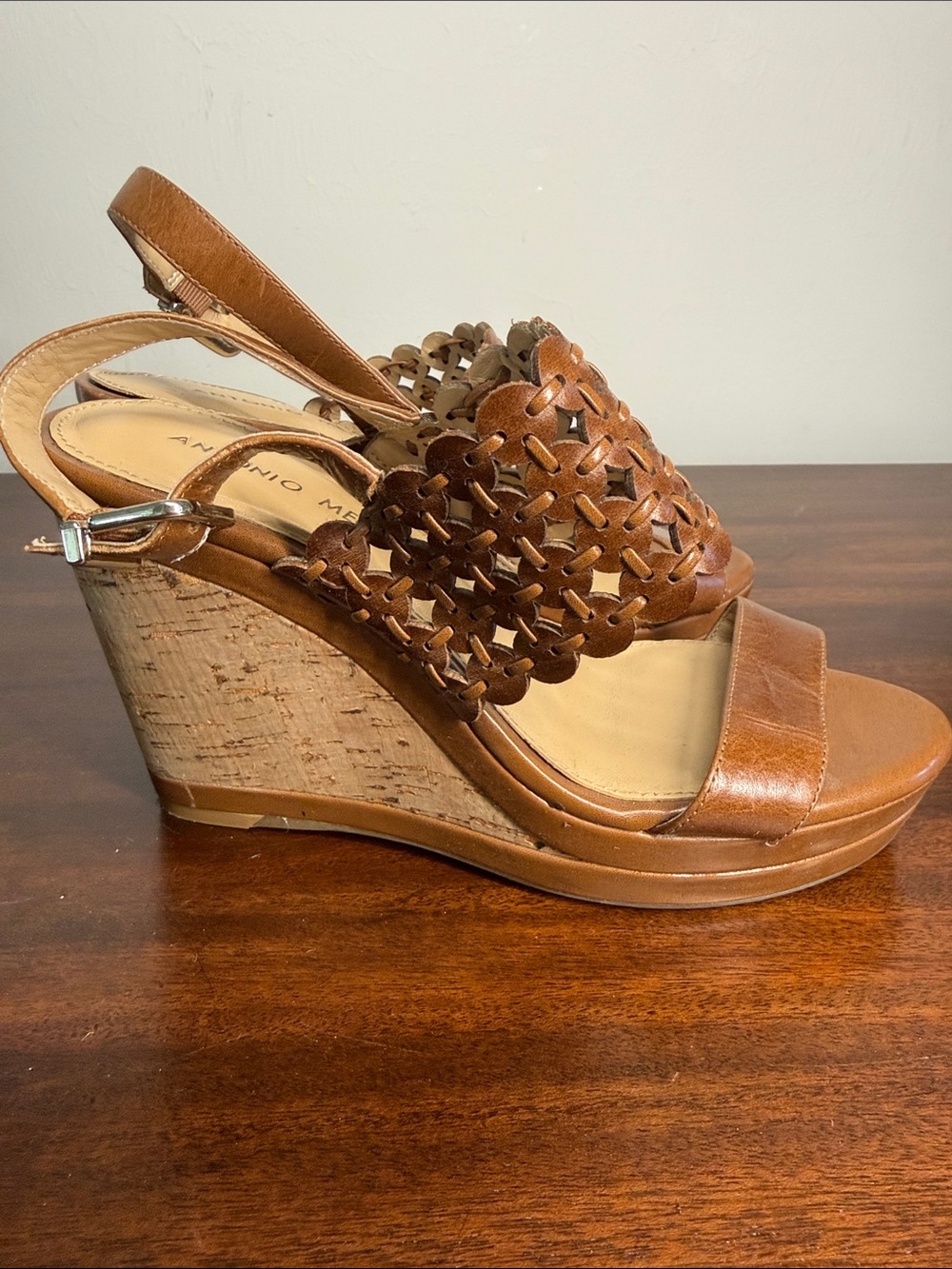 ANTONIO MELANI Tan Brown Cork Wedge Sandals